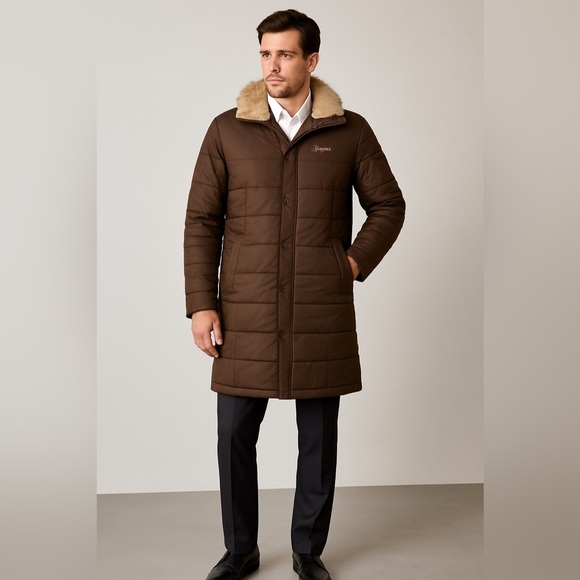 Pepe Jeans London Men’s Brown Long Down Coat Jacket S Real Coyote Fur - Picture 1 of 13